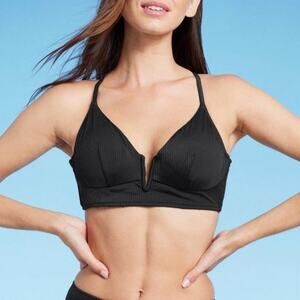 Shade & Shore black ribbed plunge padded swim top Women's size 36C